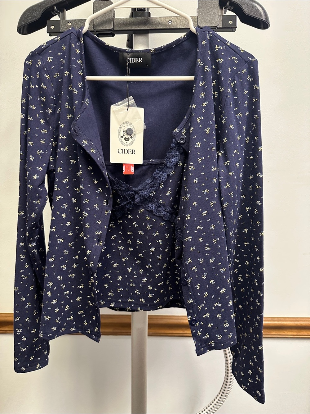 Cider Navy Floral Knit Cardigan & Lace-Trim Cami Set